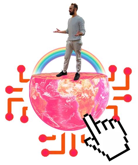 Web design and development - Person standing on globe with tech connections